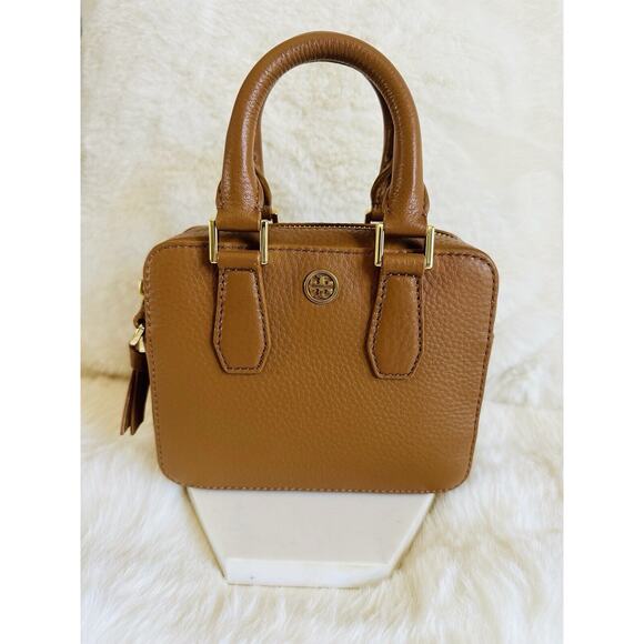 NWT Tory burch Mini Landon Boxy Satchel Crossbody Handbag Brown Leather Bark - Picture 3 of 10